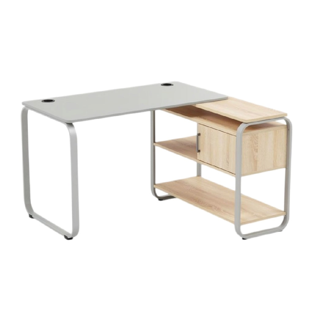 **Technische titel in het Nederlands: Eigentijdse bureau met houten planken en metalen frame**